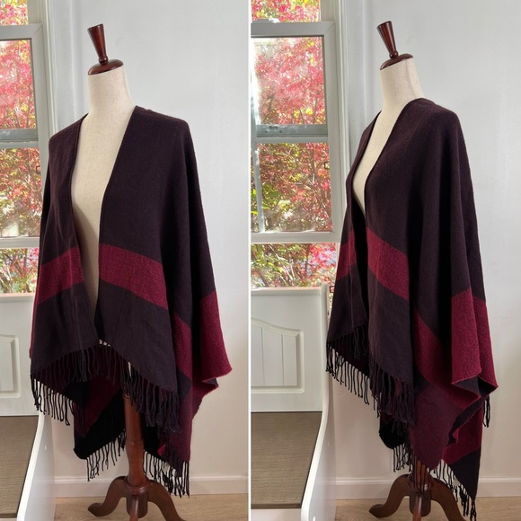 Soft Surroundings Burgundy Striped 100% Acrylic Pullover Tasseled Poncho - Picture 1 of 8